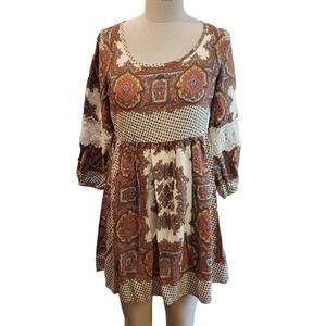 Umgee Retro Boho Hippie Peasant Mixed Print‎ W/Lace Blouse Size L